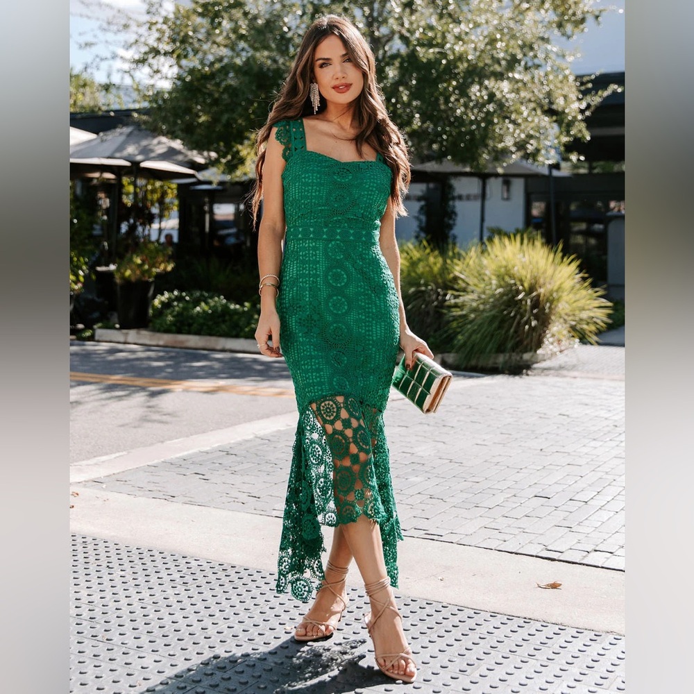 Vici Dare To Be You Crochet Lace Ruffle Midi Dress in Emerald